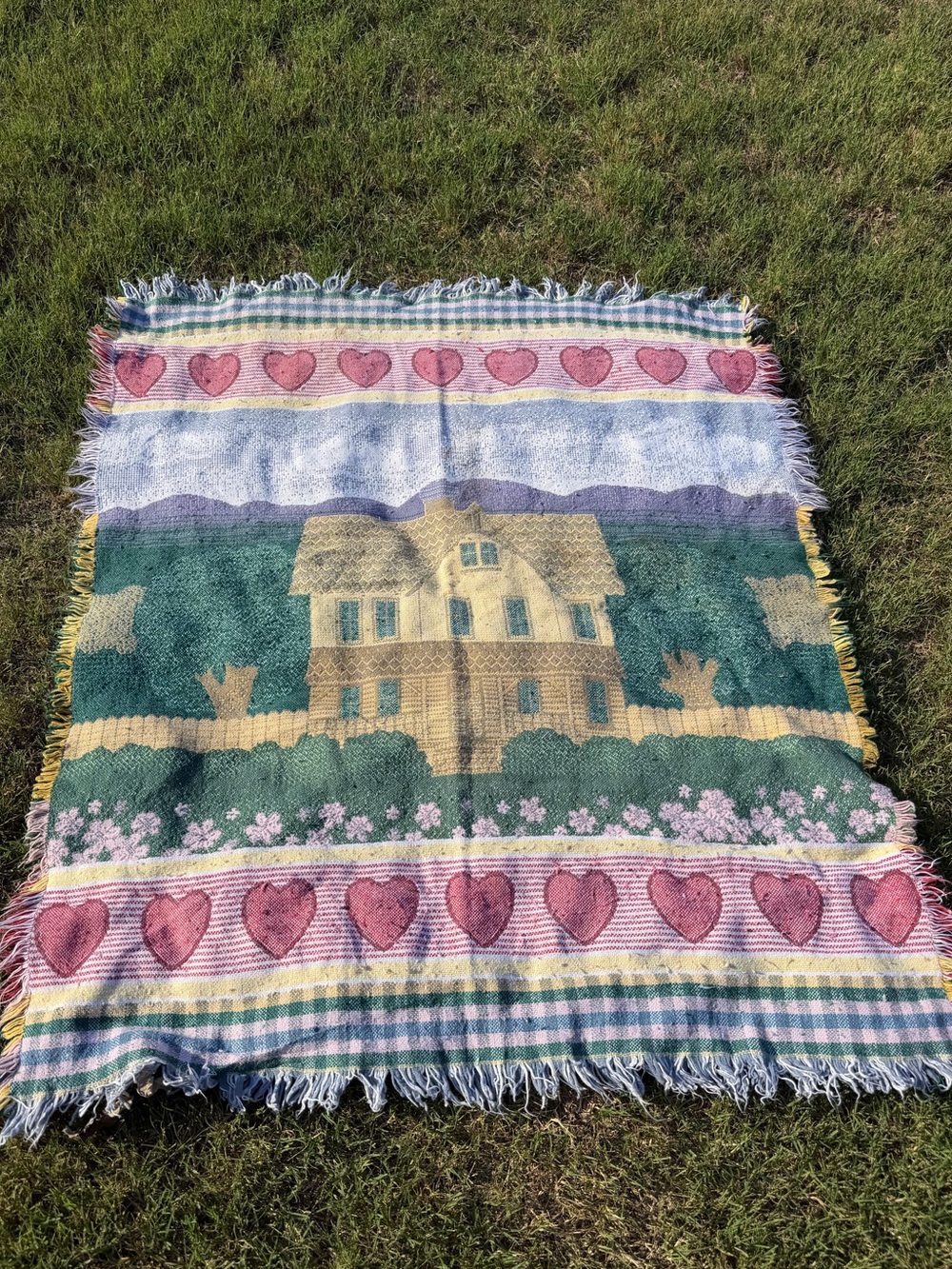 Vintage 90s Woven Heart Checkered Cottage Tapestry Throw Blanket Cottagecore